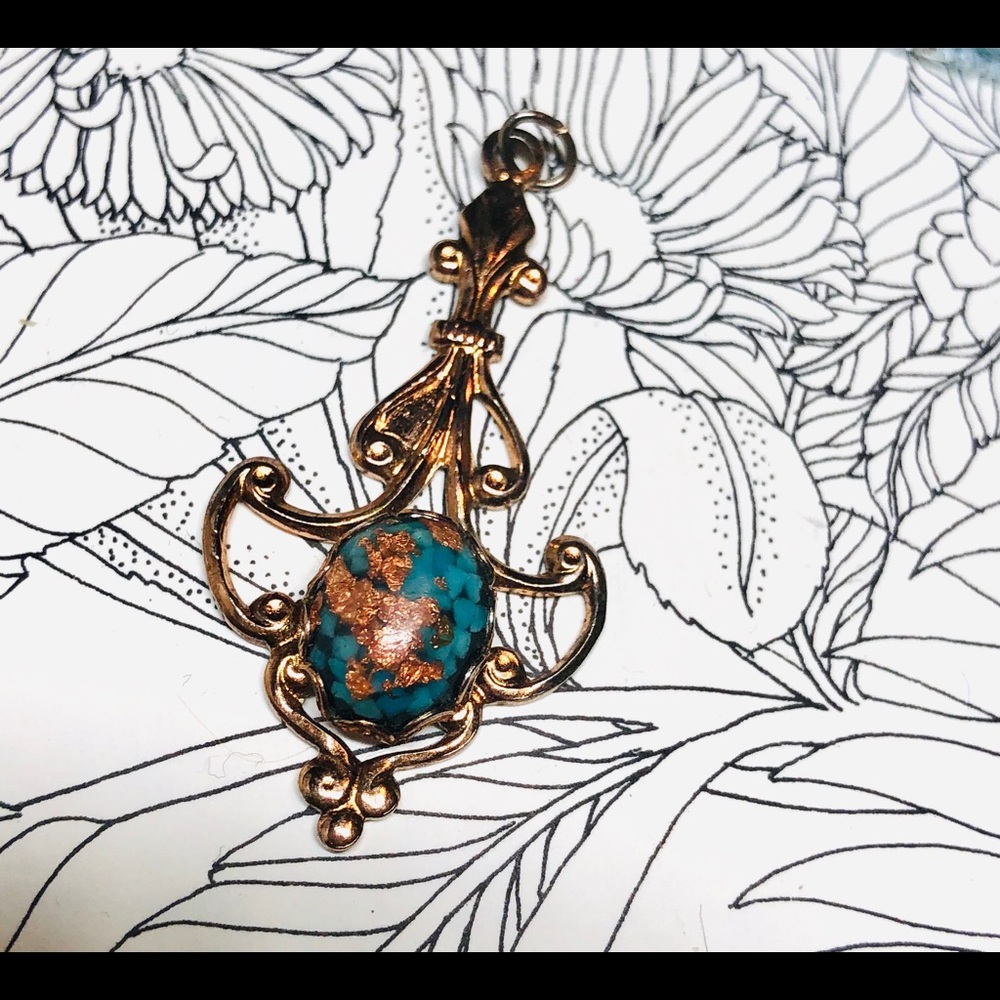 Cool Copper Tone Filigree w/ Blue Confetti Lucite